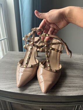 BCBGeneration Nude Patent Pointed-Toe Studded T-Strap Heels